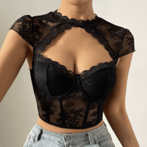 Top de encaje con cuello bordado estilo coreano y apertura en V